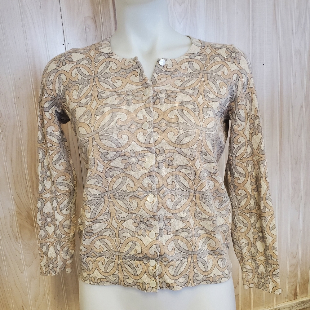 Talbots Black Label Grandmacore Cardigan Sweater Gold Glitter Damask Sizs P/M